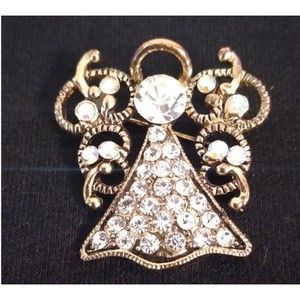 Vintage Gold Silver Toned Rhinestones Angel Guardian Pin Brooch